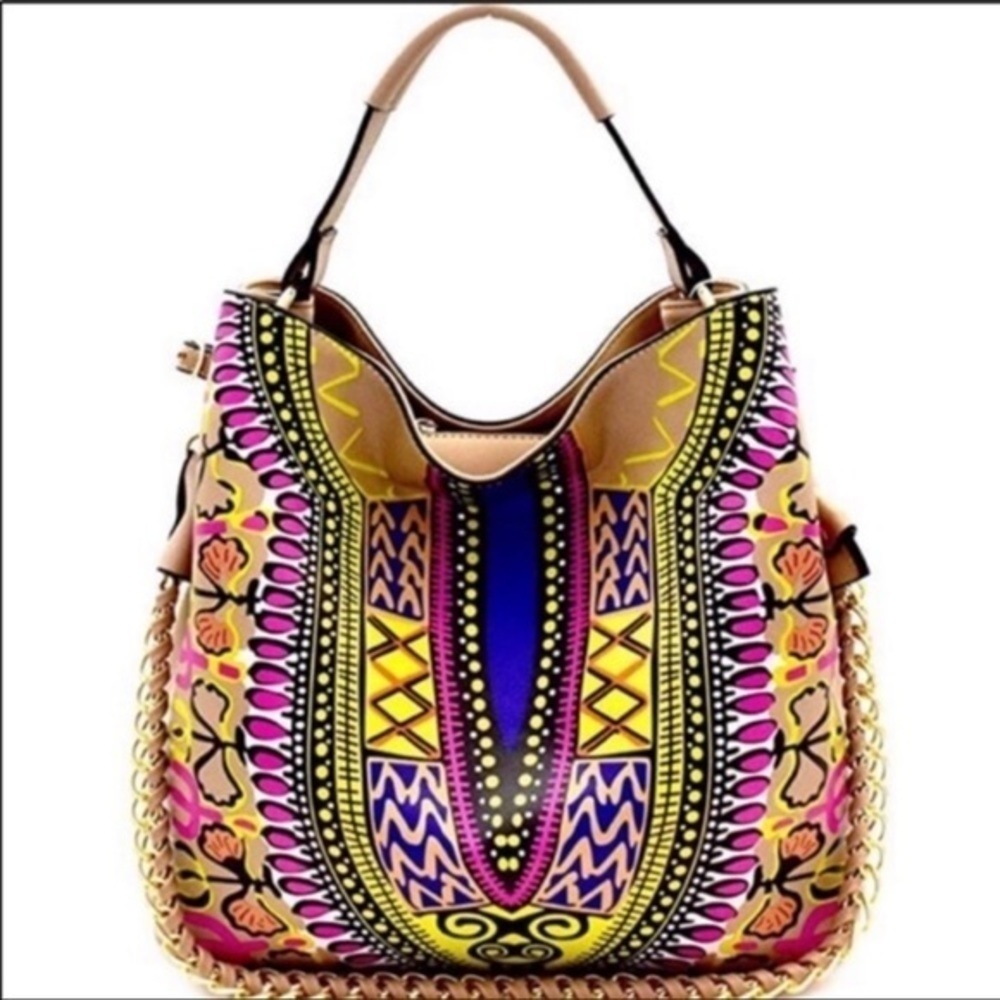 Bohemian satchel tan tribal print shoulder strap with chain zip top - Picture 3 of 9